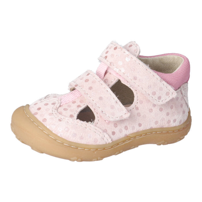 A girls closed sandal by Ricosta, style Ebi, in pale pink , double velcro fastening with rubber toe. Left angled view.