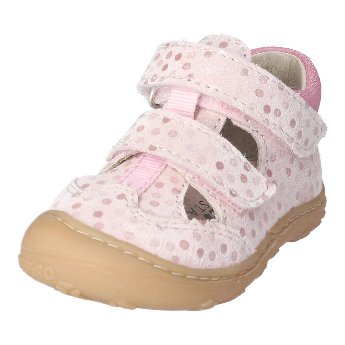 A girls closed sandal by Ricosta, style Ebi, in pale pink, double velcro fastening with rubber toe. Left front angled view.