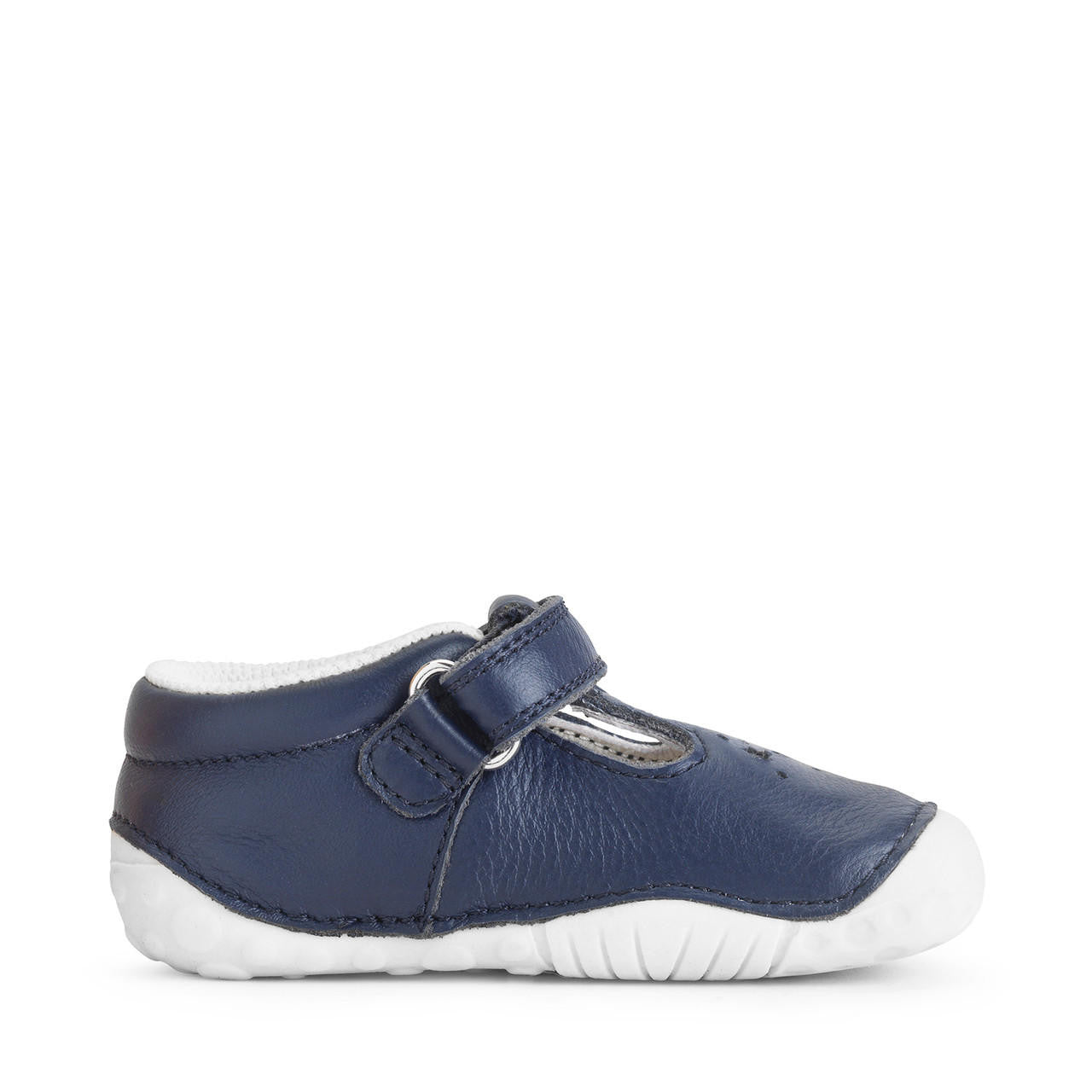 A girls T-Bar pre walker by Start-Rite, style Tumble, in navy leather with white sole, punch out star detail and velcro fastening. Left side view.