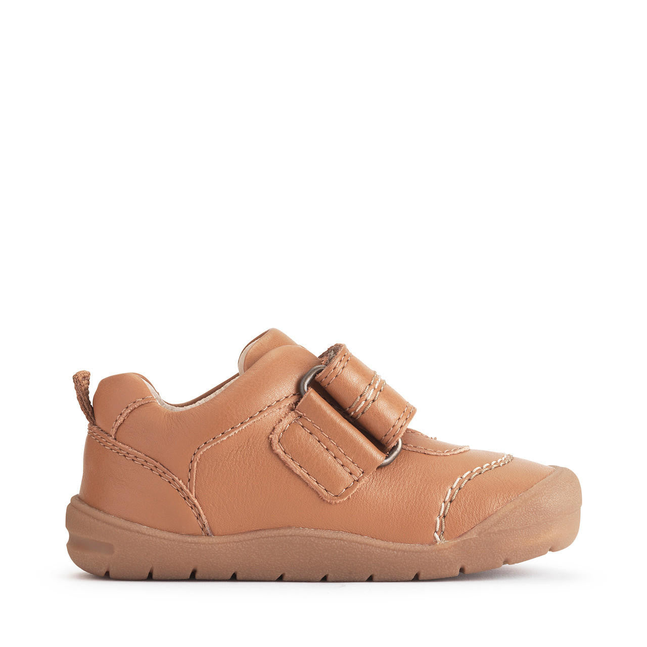 A boys casual shoe by Start-Rite, style Footprint. In tan leather with velcro fastening and toe bumper. Left side view.