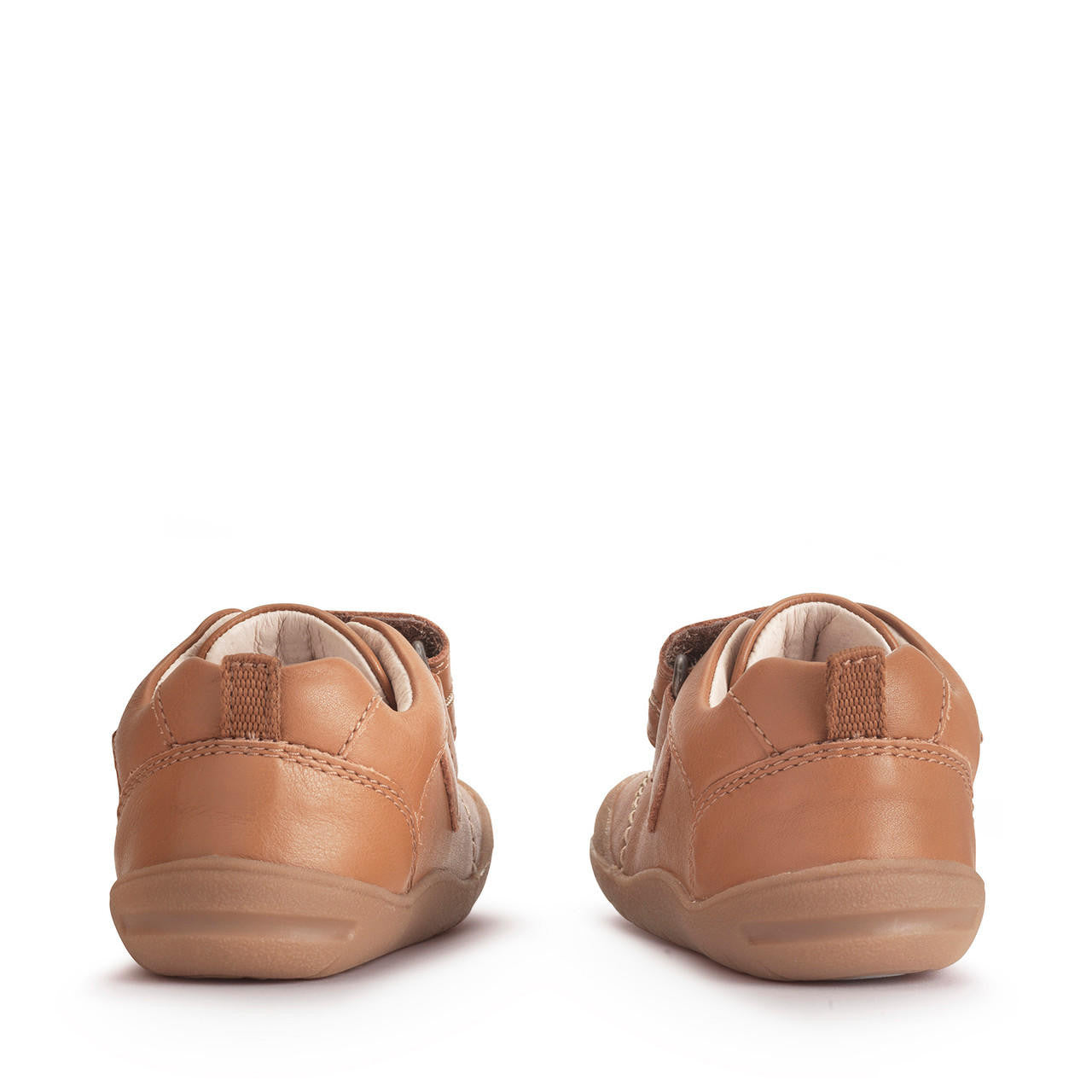 A pair of boys casual shoes by Start-Rite, style Footprint. In tan leather with velcro fastening and toe bumper. View from back.