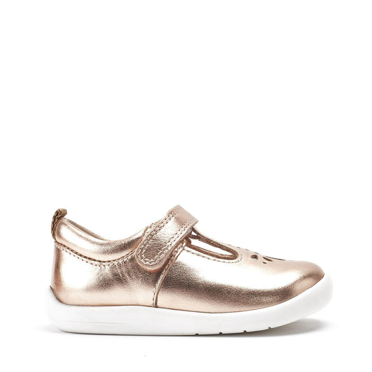 A girls T-Bar shoe by Start- Rite, style Puzzle, in Rose Gold leather with Velcro fastening. Right side view.