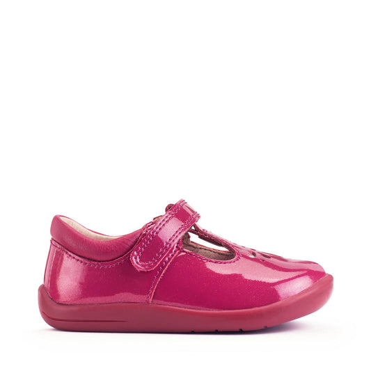 A girls T-Bar shoe by Start-Rite, style Puzzle, in red glitter patent with velcro fastening. Right side view.