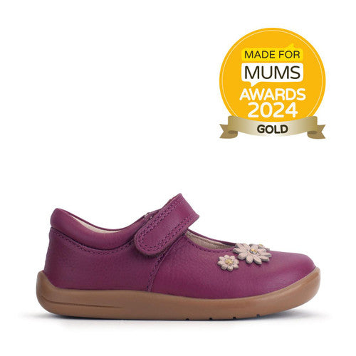 A girls Mary Jane shoe by Start Rite, style Fairy Tale, in plum leather with flower detail and velcro fastening. Right side view.