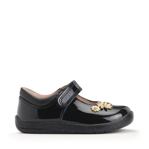 A girls Mary Jane shoe by Start Rite, style Fairy Tale, in black patent with gold flower detail and velcro fastening. Right side view again.