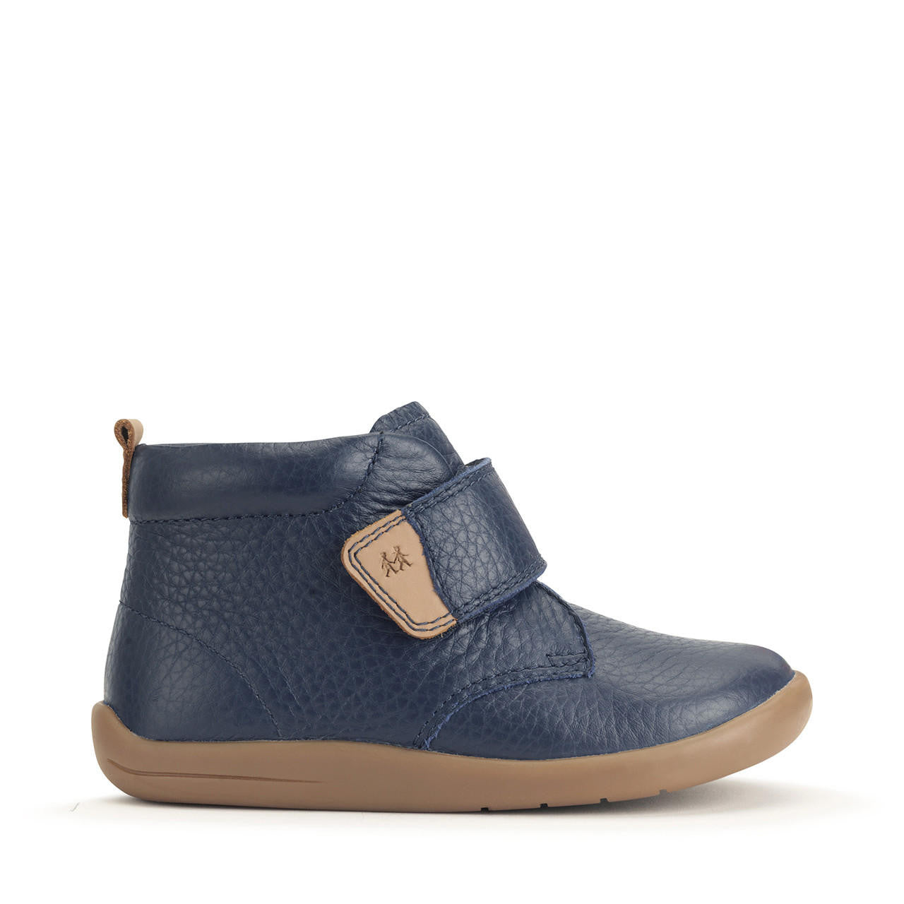 A boys ankle boot by Start-Rite, style Totter, in navy leather with light tan trim and sole unit. Velcro fastening. Right side view.