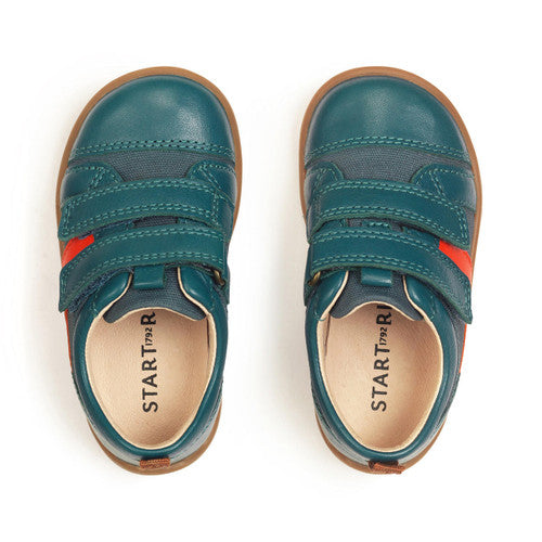 A pair of boys casual shoes by Start-Rite, style Maze, in teal leather with orange canvas side panel. Double velcro fastening. Above view.