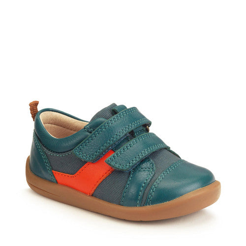 A boys casual shoe by Start-Rite, style Maze, in teal leather with orange canvas side panel. Double velcro fastening. Angled view.