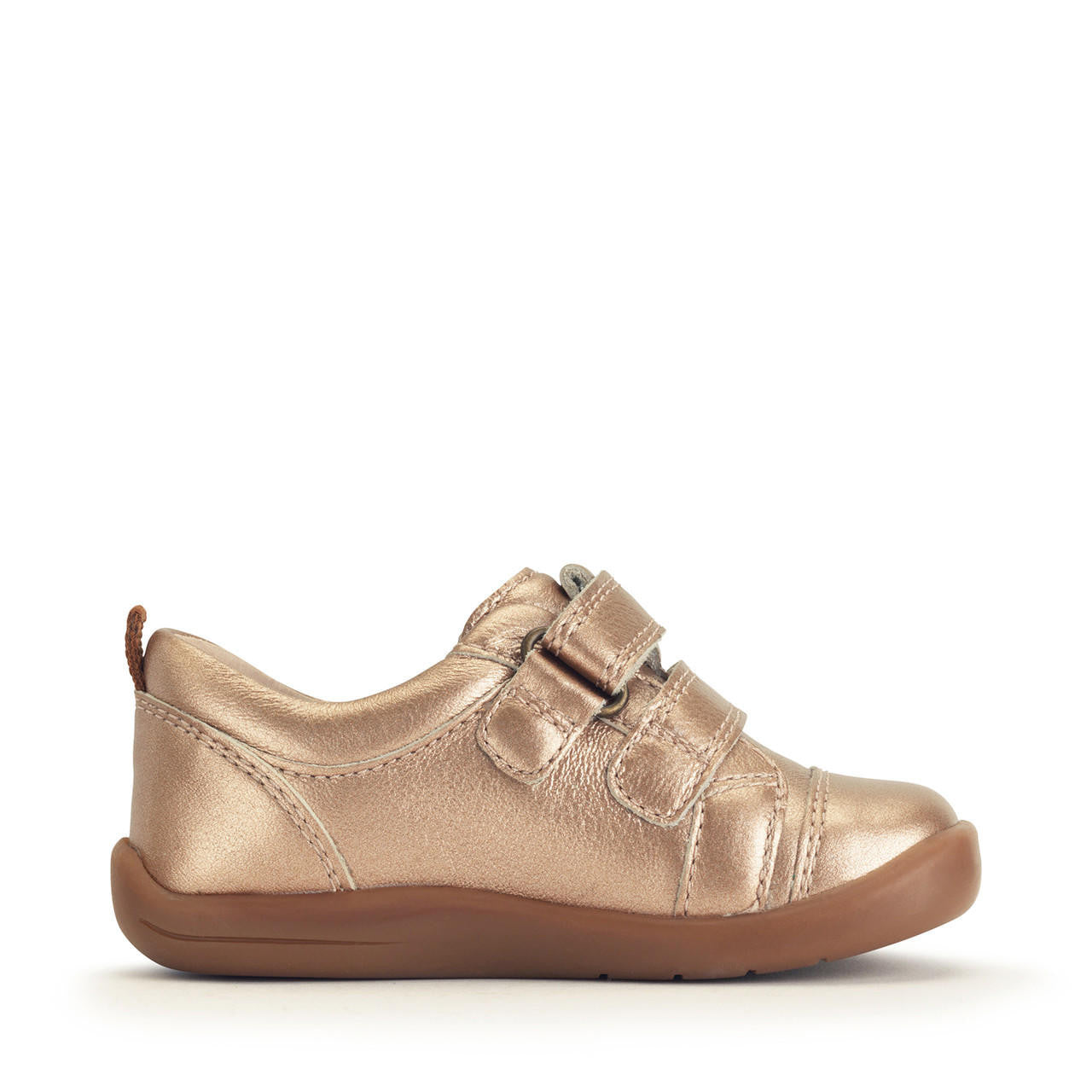 A girls casual shoe by Start-Rite, style Maze, in rose gold leather. Double velcro fastening. Left side view.
