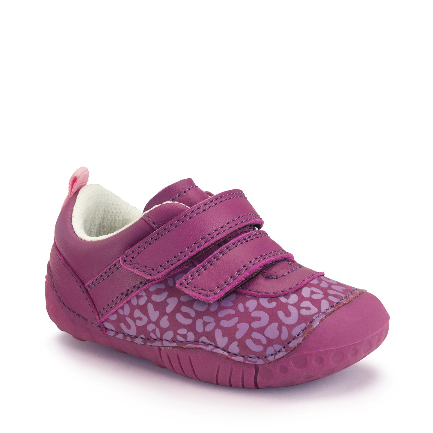 A girls pre-walker by Start-Rite, style Little Smile. In bright pink nubuck with leopard print detail. Double velcro fastening and toe bumper. Angled side view.