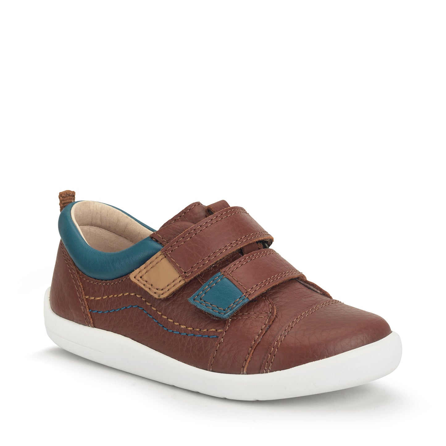 A boy's casual shoe by Start-Rite, style Playhouse, in tan leather with blue/light tan trim on white sole unit with double velcro fastening. Angled right side view.