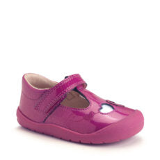 A girls T-Bar shoe by Start-Rite, style Party, in pink glitter leather with pink heart and silver heart detail and velcro fastening. Right side view.