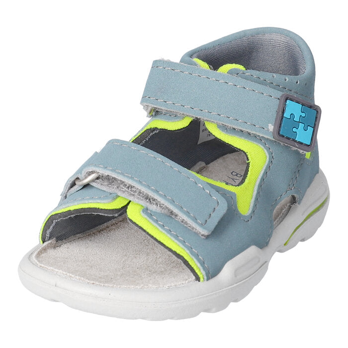 A boys open toe sandal by Ricosta, style Manto in blue, double velcro fastening with a full back. Left angled view.