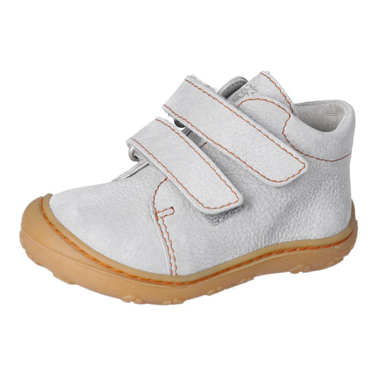 A unisex boot by Ricosta, with toe bumper in pale grey with double velcro fastening. Right side view.