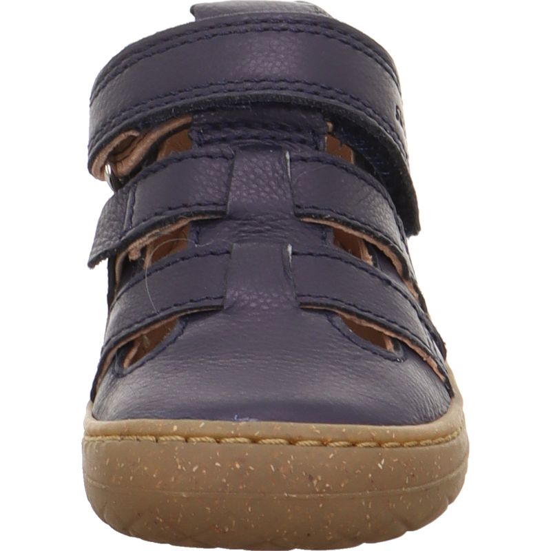 A boys first shoe by Superfit, style Saturnus, in Navy leather with cut out detail, toe bumper and velcro fastening. Front view.