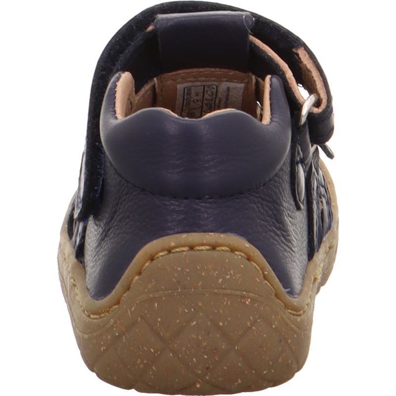 A boys first shoe by Superfit, style Saturnus, in Navy leather with cut out detail, toe bumper and velcro fastening. Back view.