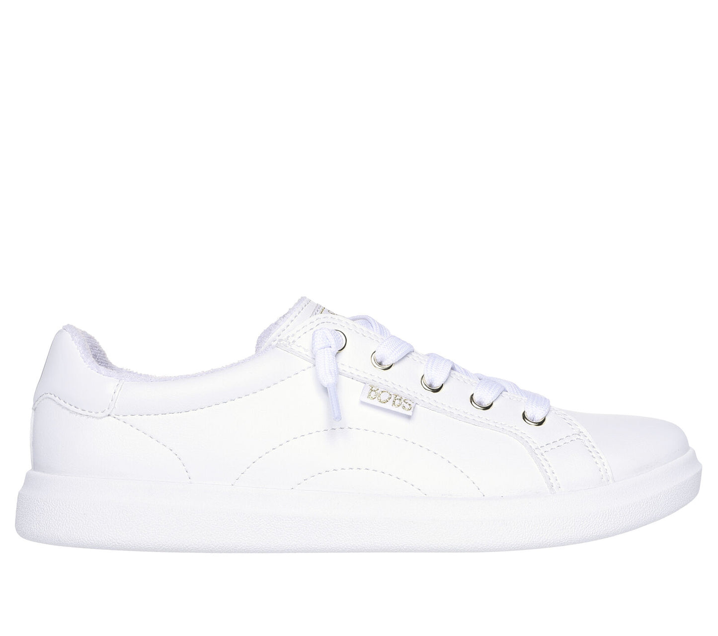 A women's shoe by Skechers, style Bobs D'Vine 114453, in white canvas with rose gold accents and lace fastening. Right side view.