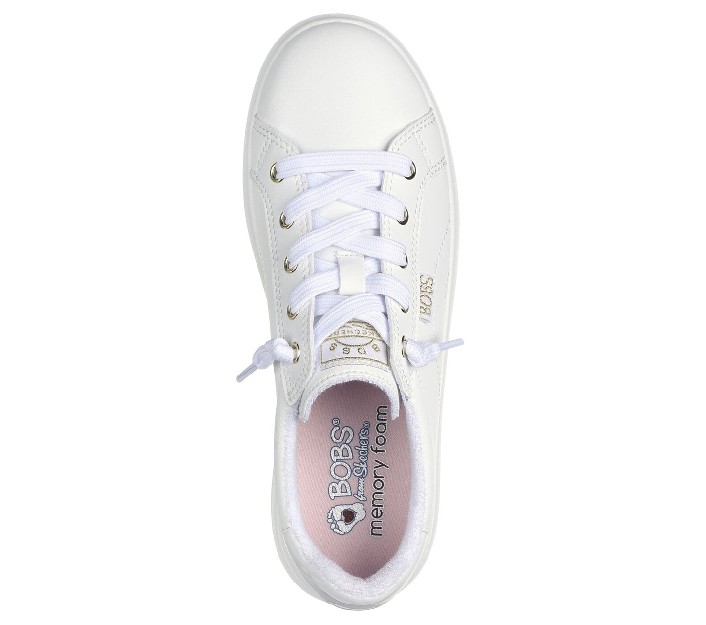 A women's shoe by Skechers, style Bobs D'Vine 114453, in white canvas with rose gold accents and lace fastening. Above view showing memory foam insole.