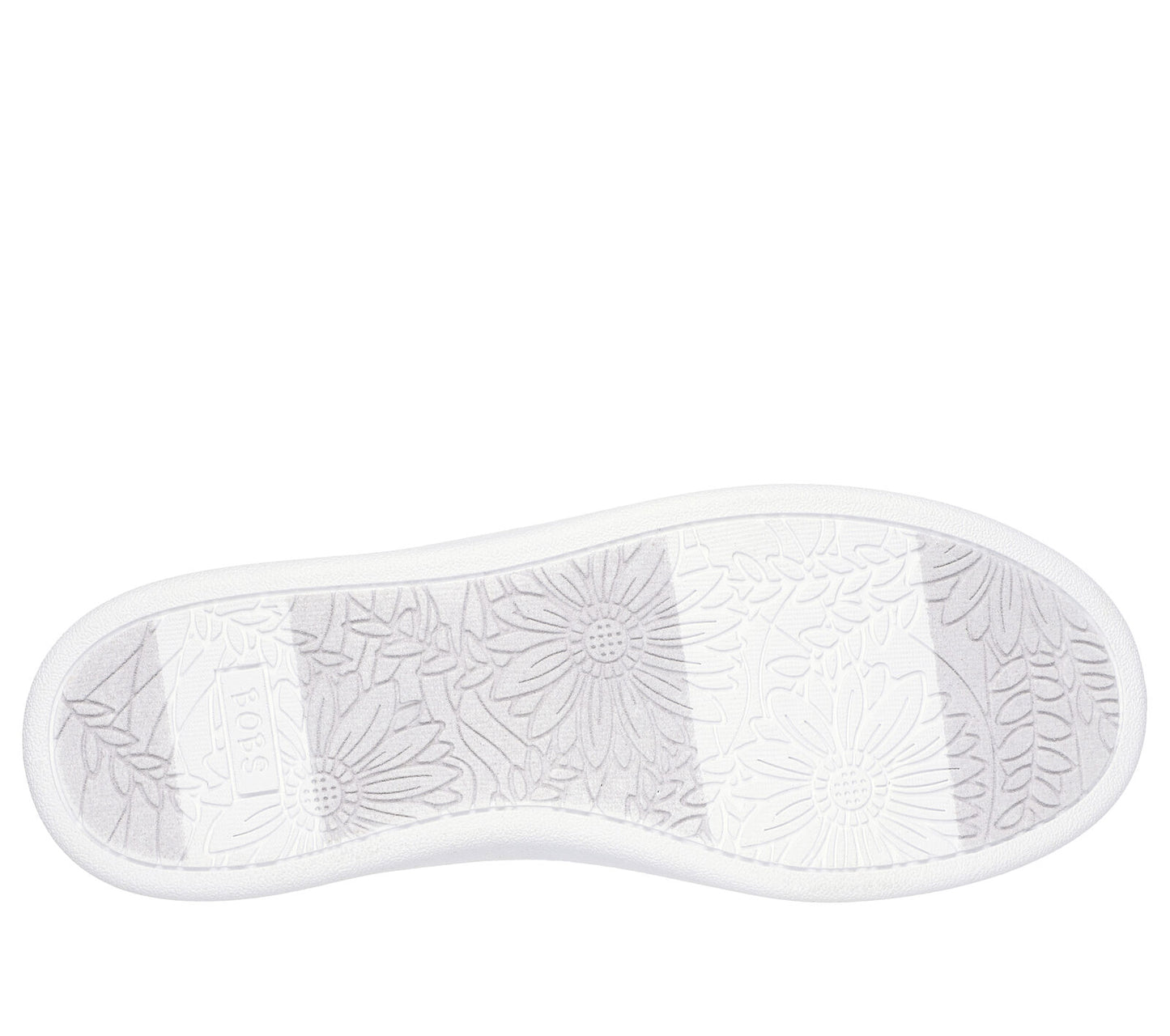 A women's shoe by Skechers, style Bobs D'Vine 114453, in white canvas with rose gold accents and lace fastening. View of white floral sole.