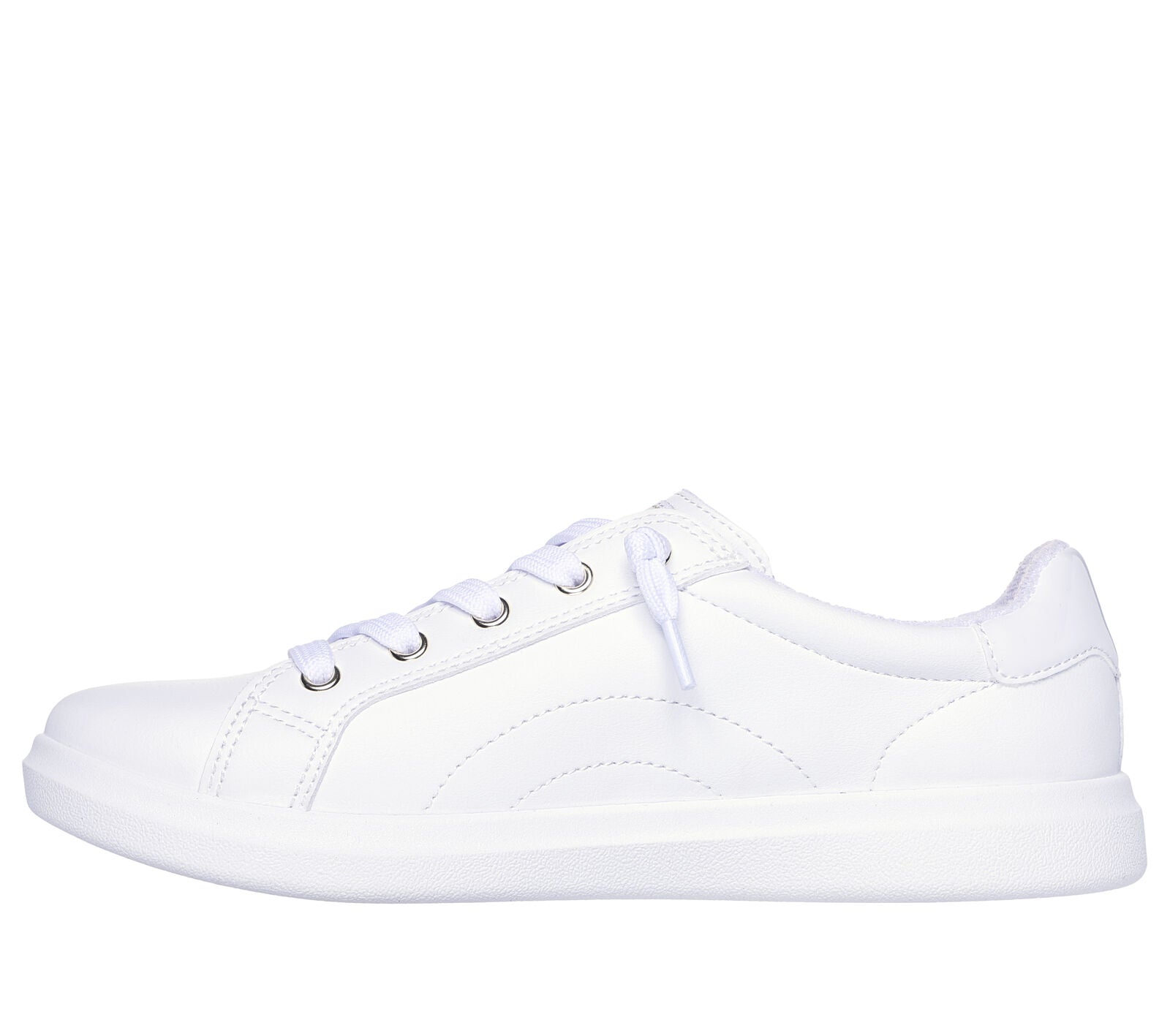 A woman's shoe by Skechers, style Bobs D'Vine 114453, in white canvas with rose gold accents and lace fastening. Left side view.