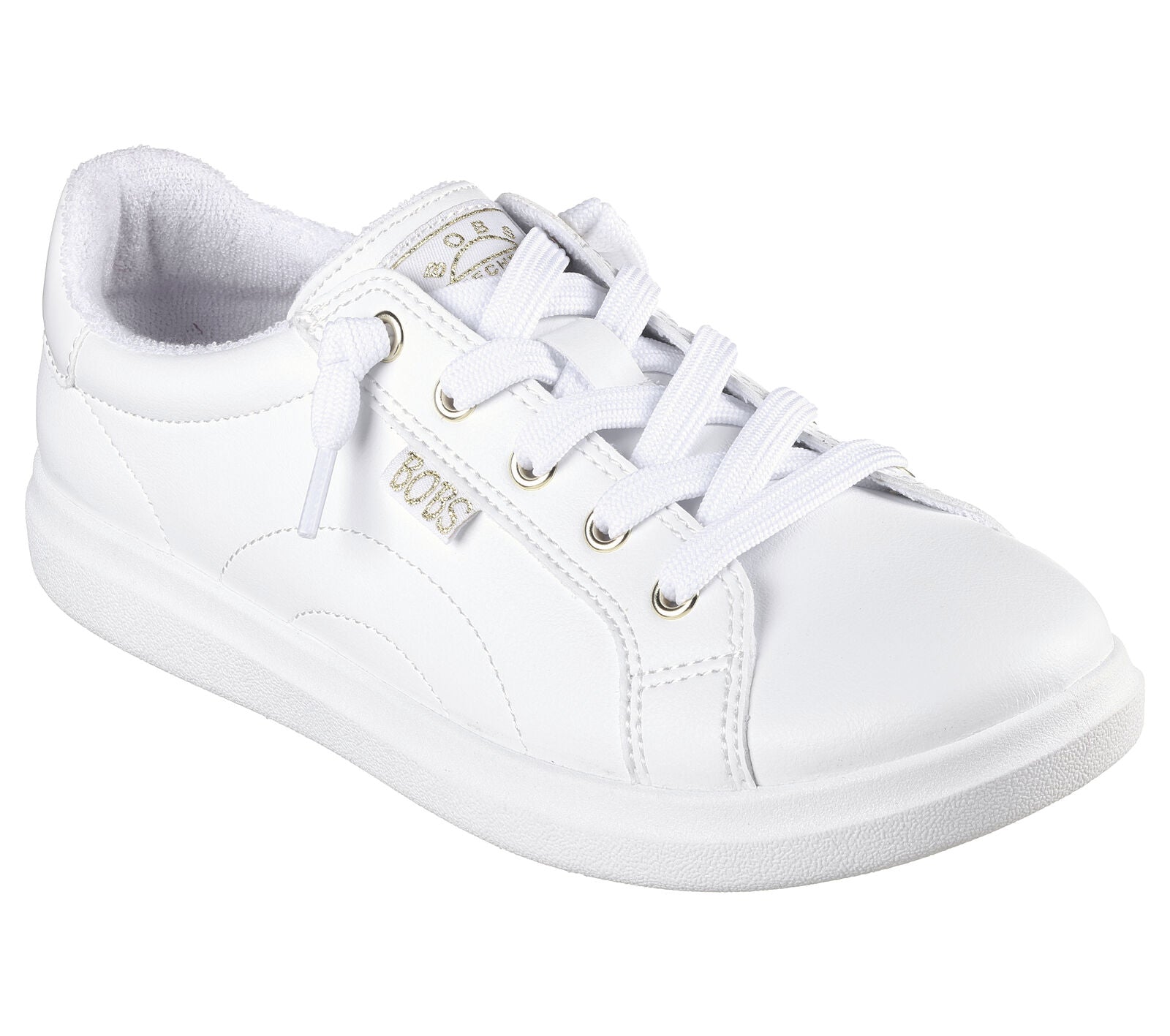 A woman's shoe by Skechers, style Bobs D'Vine 114453, in white canvas with rose gold accents and lace fastening. Angled right side view.