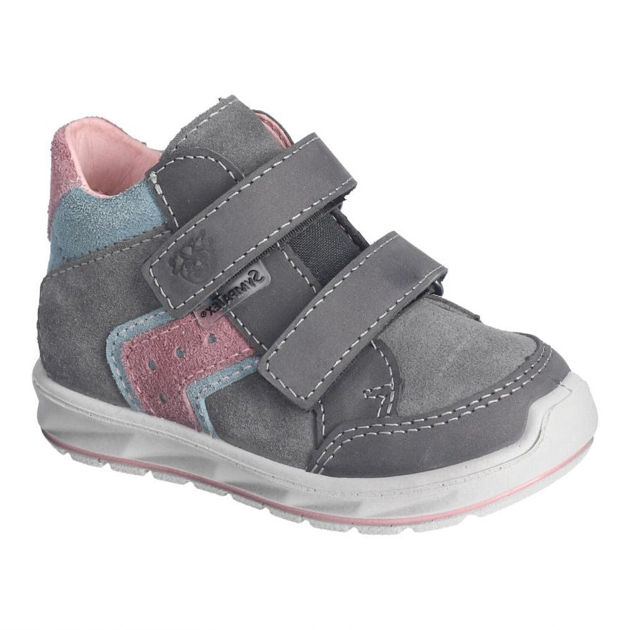A girls waterproof ankle boot by Ricosta, style Kimo, double velcro fastening in grey with pink and blue trim. Right angled view.