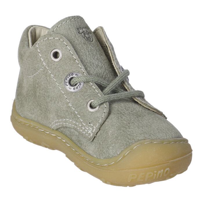 A boys ankle boot by Ricosta, style Cory, a lace-up in Eucalyptus with a toe bumper. Front inner side angled view.