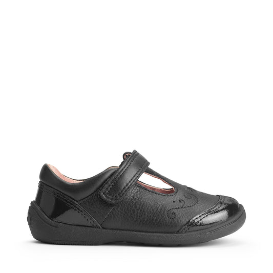 A girls T-Bar school shoe by Start-Rite, style Dazzle, in black leather with patent trim and star detail. Velcro fastening Right side view.