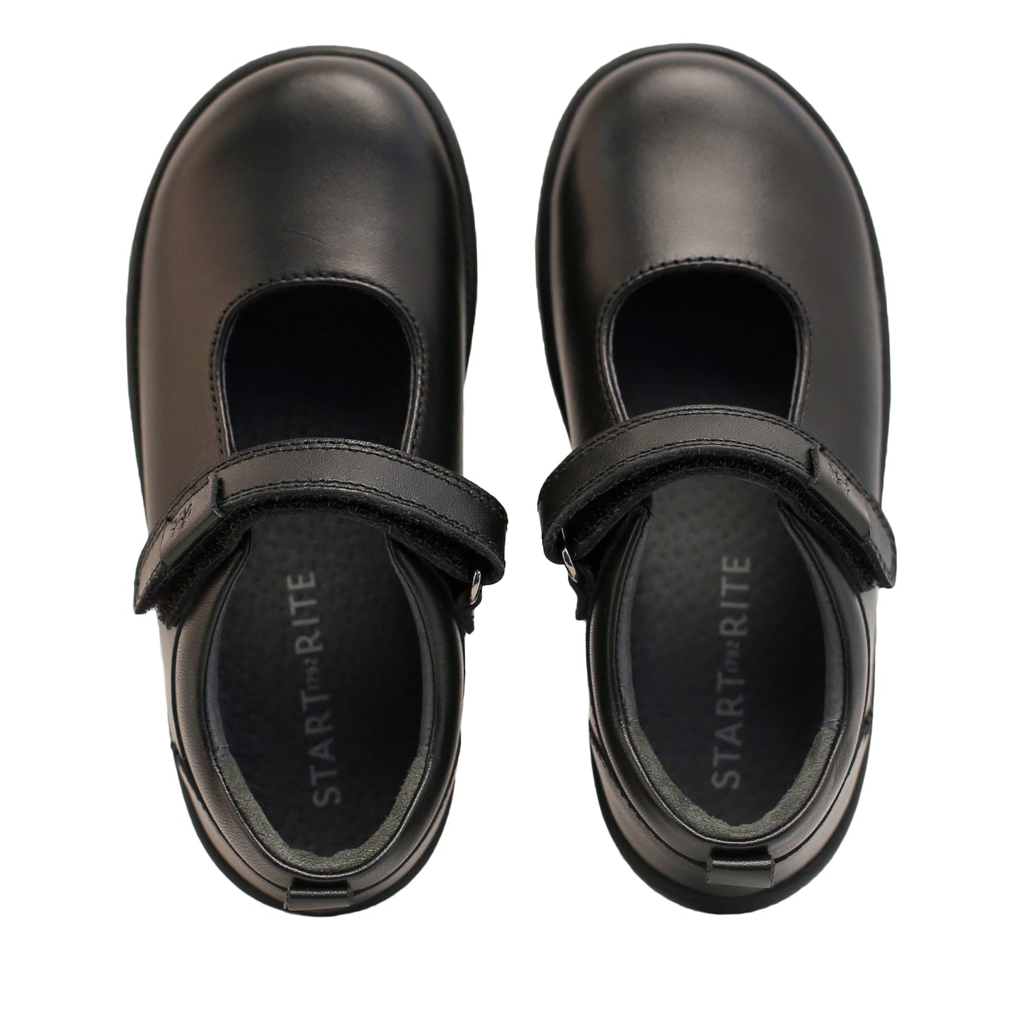 A girls Mary-Jane School shoe by Start-Rite, style Mystery, in black leather with vecro fastening. Above view of pair.