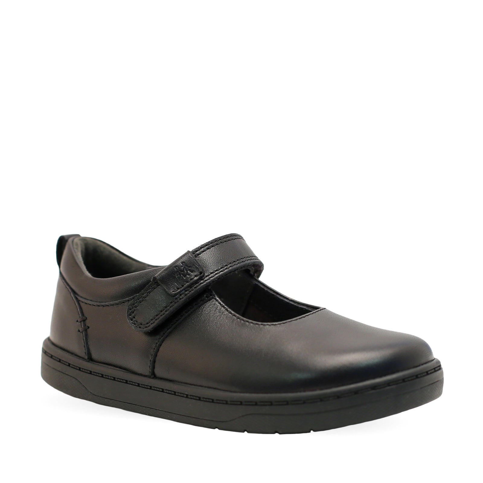 A girls Mary-Jane School shoe by Start-Rite, style Mystery, in black leather with vecro fastening. Angled right side view.