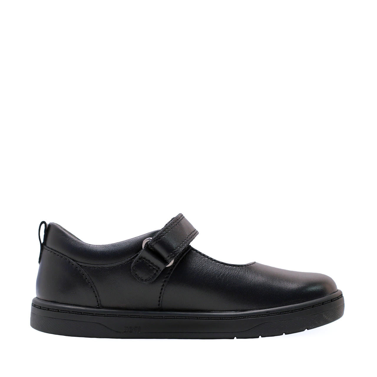 A girls Mary-Jane School shoe by Start-Rite, style Mystery, in black leather with vecro fastening. Left side view.