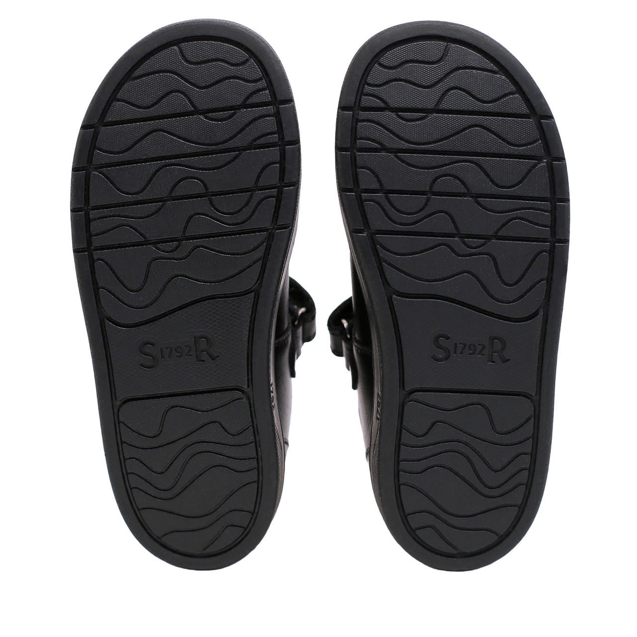 A girls Mary-Jane School shoe by Start-Rite, style Mystery, in black leather with vecro fastening. View of soles.