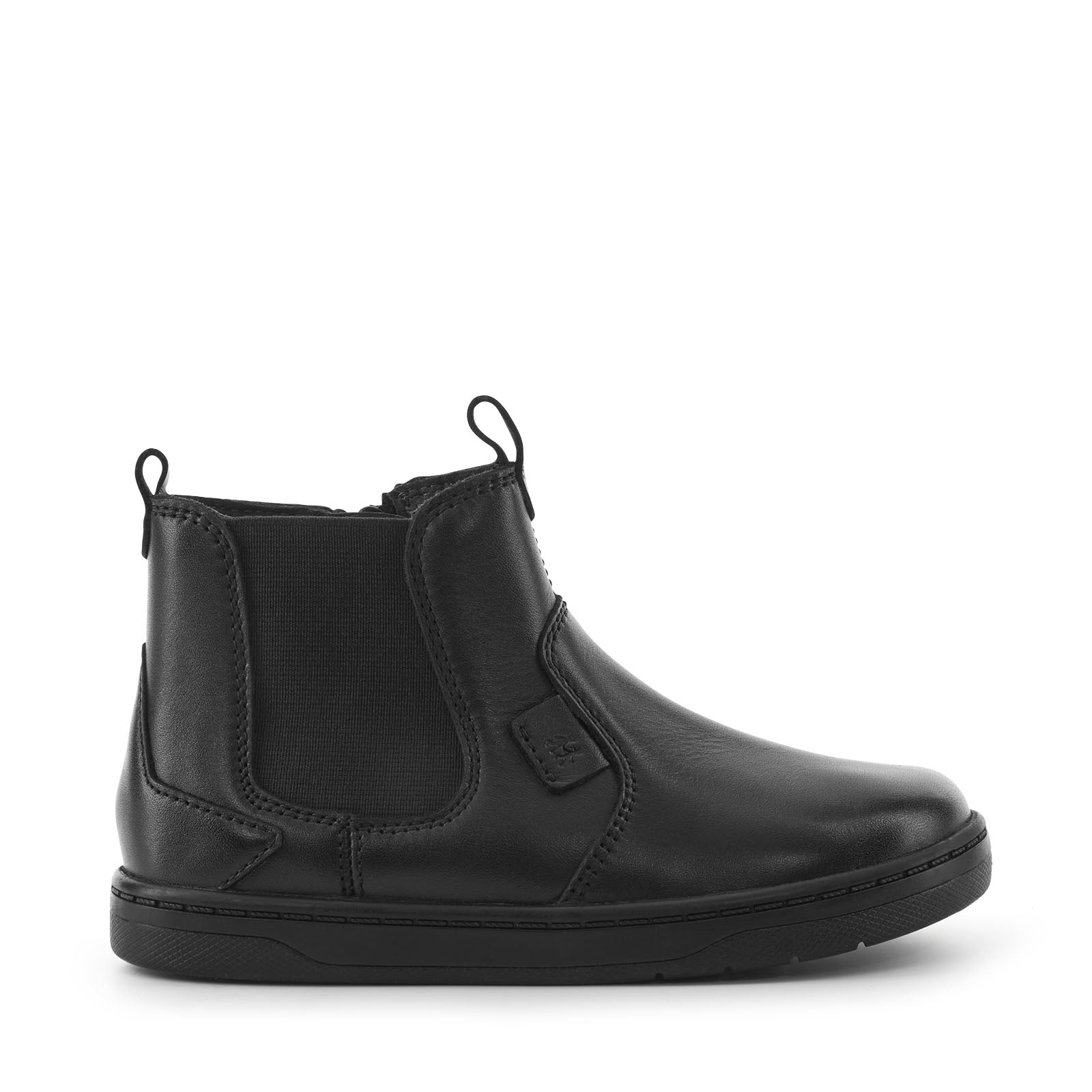 A unisex black boot by Start-Rite, style Energy, in black leather with elastic panel and inner zip fastening. Right side view.