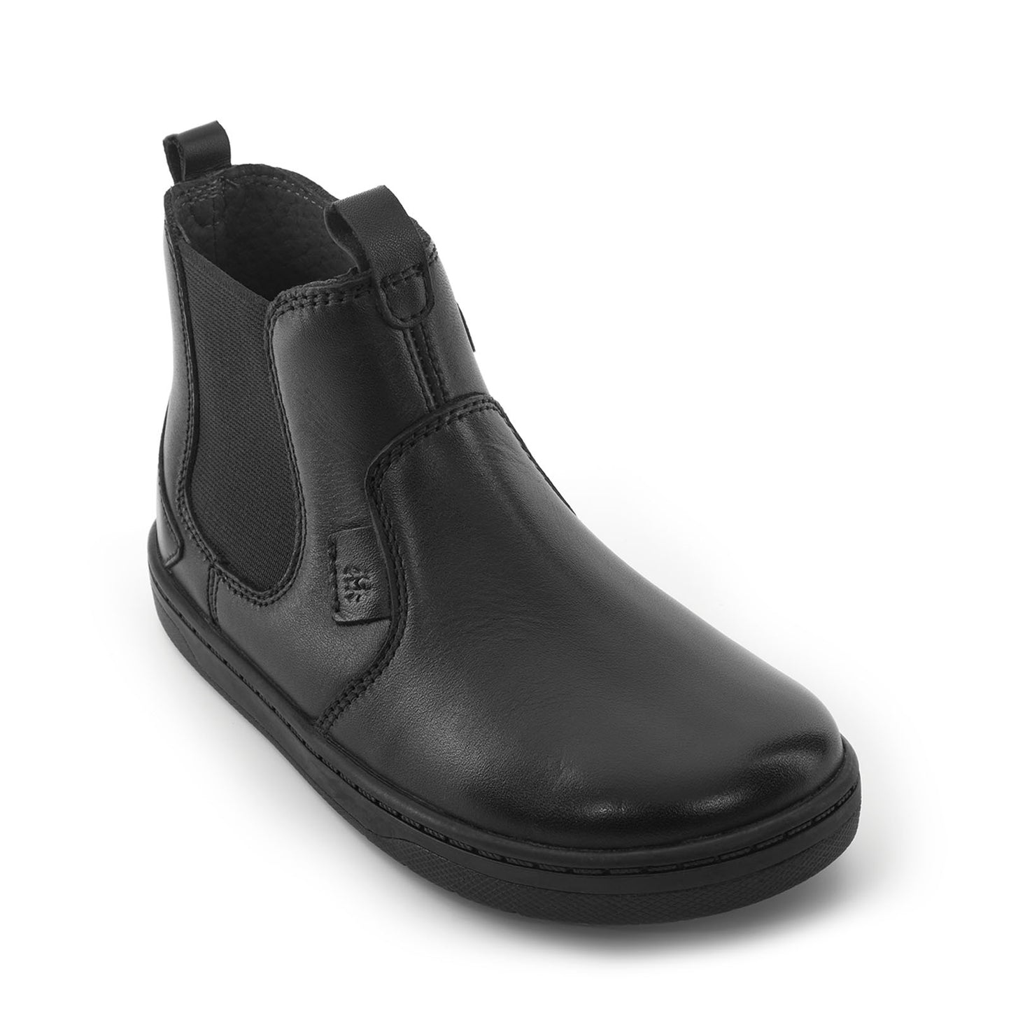  A unisex black boot by Start-Rite, style Energy, in black leather with elastic panel and inner zip fastening. Angled view.