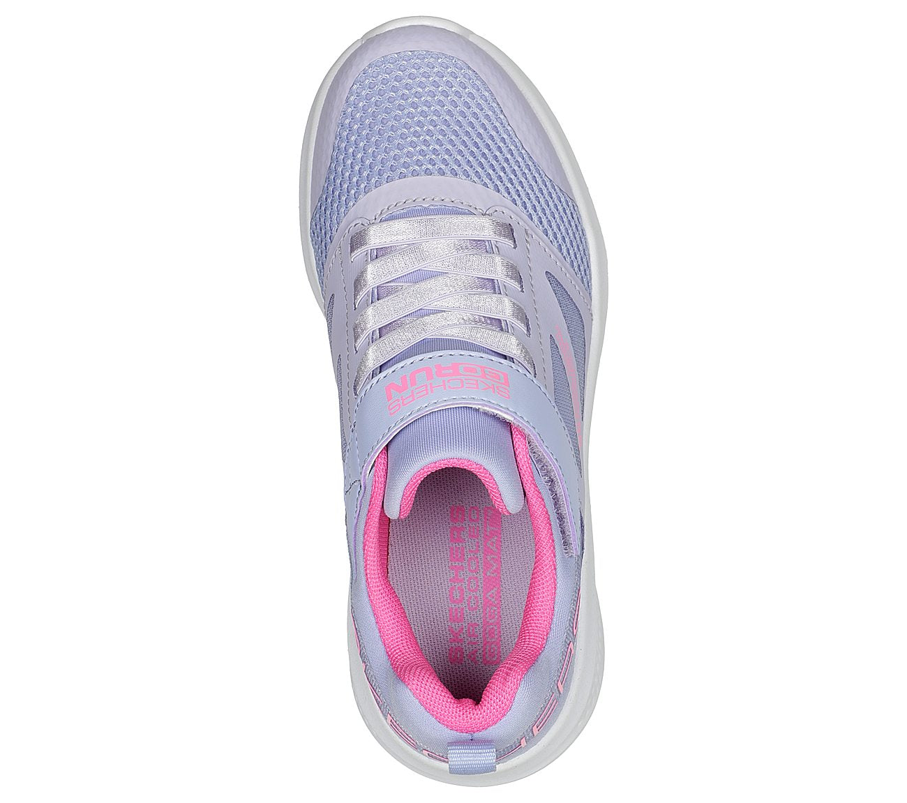 A girls casual trainer by Skechers, style Go Run Elevate 303910L , in lilac and pink synthetic with elastic lace and velcro fastening.Above view.