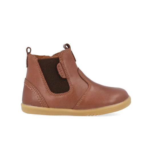 A boys brown Chelsea boot by Bobux,style Jodphur, in brown with zip fastening. Right side view.