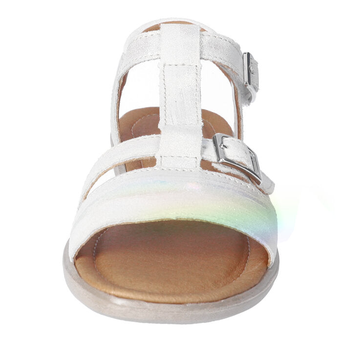 A girls open toe sandal by Ricosta, style Kalja, in bianco rainbow with a velcro fastening. Front view.