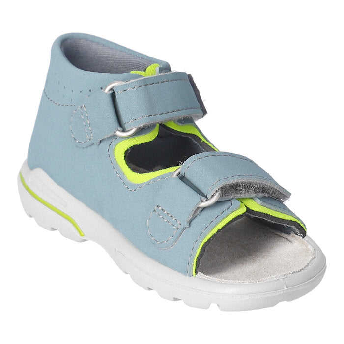 A boys open toe sandal by Ricosta, style Manto in blue, double velcro fastening with a full back. Left angled inner side view.