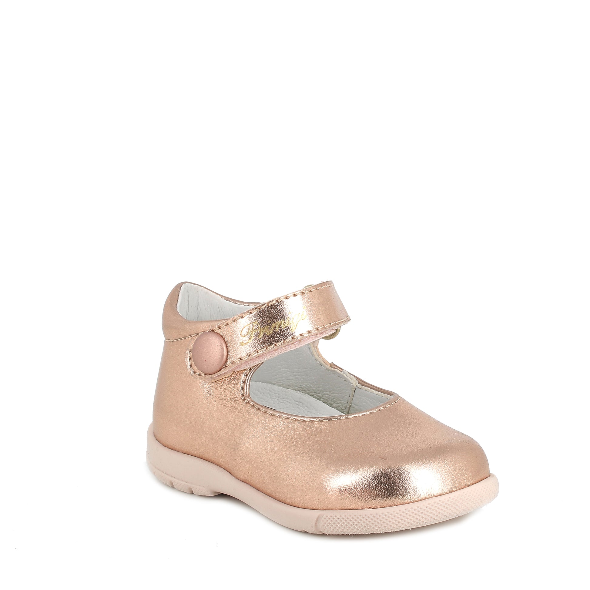 A girls Mary Jane by Primigi, style 4901022 Baby, in rose gold synthetic with velcro fastening. Right side angled view.