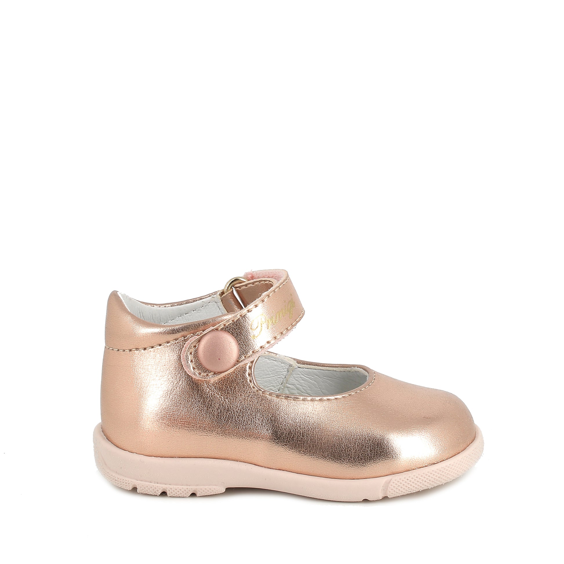 A girls Mary Jane  by Primigi, style 4901022 Baby in rose gold synthetic with velcro fastening. Right side view. 