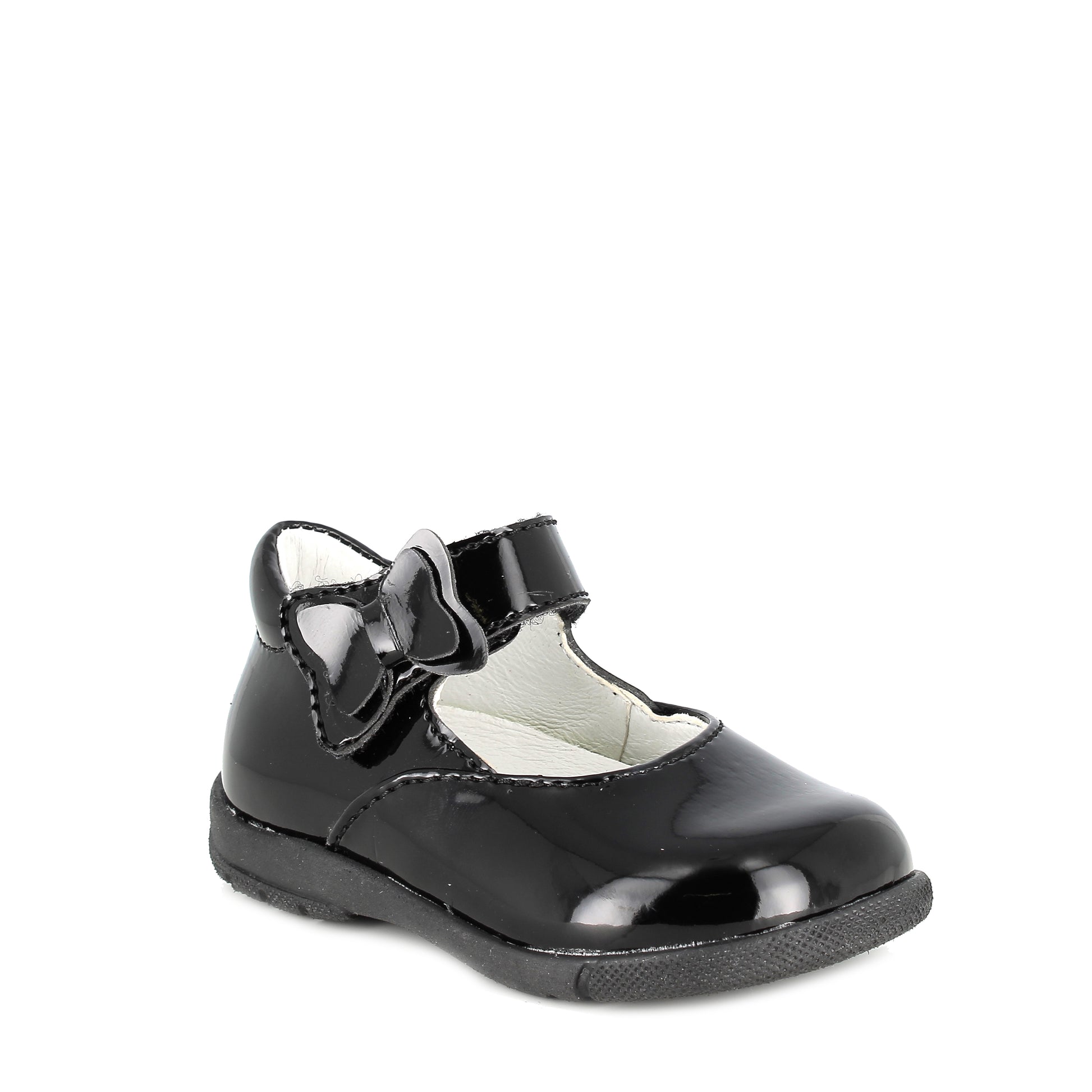 A girls Mary Jane shoe by Primigi, style 4901200 Baby, in black patent with velcro fastening. Angled view.