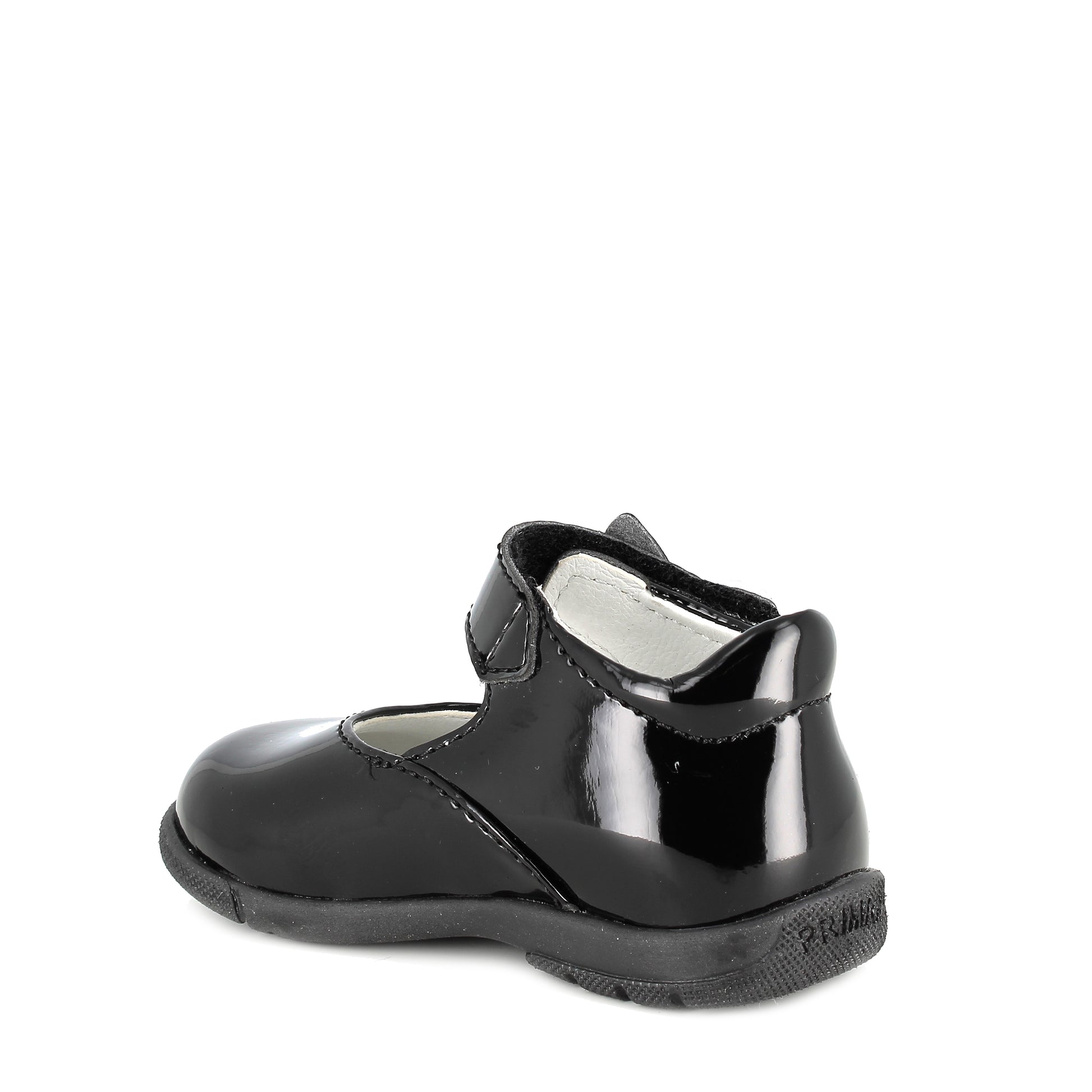 A girls Mary Jane shoe by Primigi, style 4901200 Baby, in black patent with velcro fastening. Angled left view.