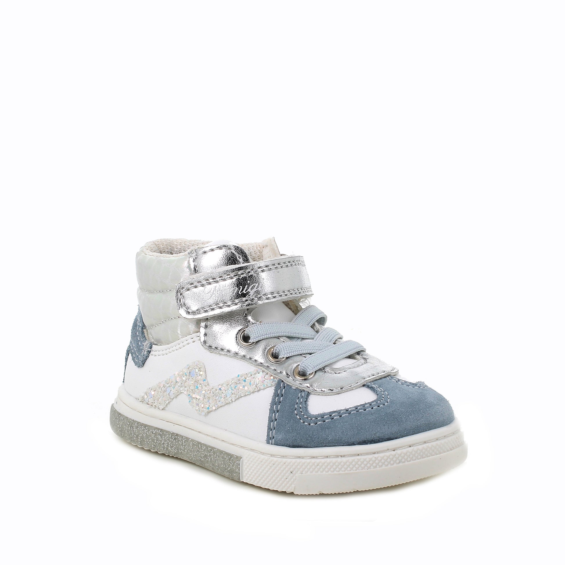 A girls Hi-Top boot by Primigi, style 4904500 Baby Glitter, in white, silver and blue leather with glitter trim, faux laces and velcro fastening. Right angled view.