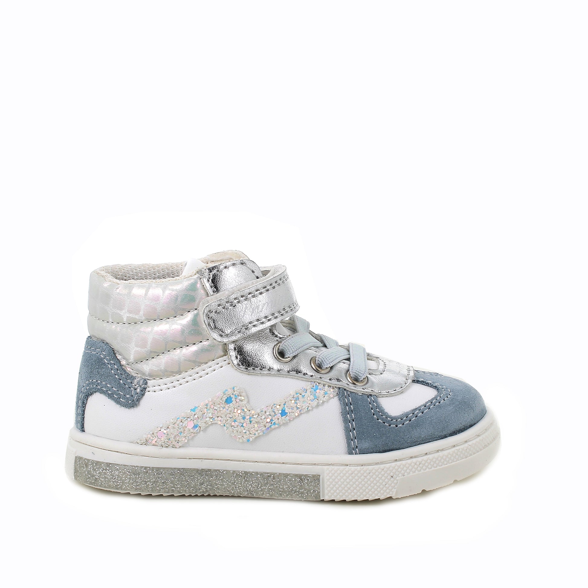 A girls Hi-Top boot by Primigi, style 4904500 Baby Glitter, in white, silver and blue leather with glitter trim, faux laces and velcro fastening. Right side view. 