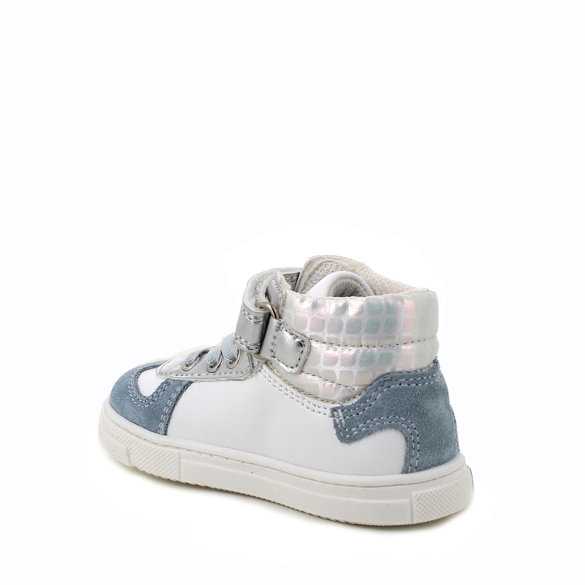 A girls Hi-Top boot by Primigi, style 4904500 Baby Glitter, in white, silver and blue leather with glitter trim, faux laces and velcro fastening. Left angled view.