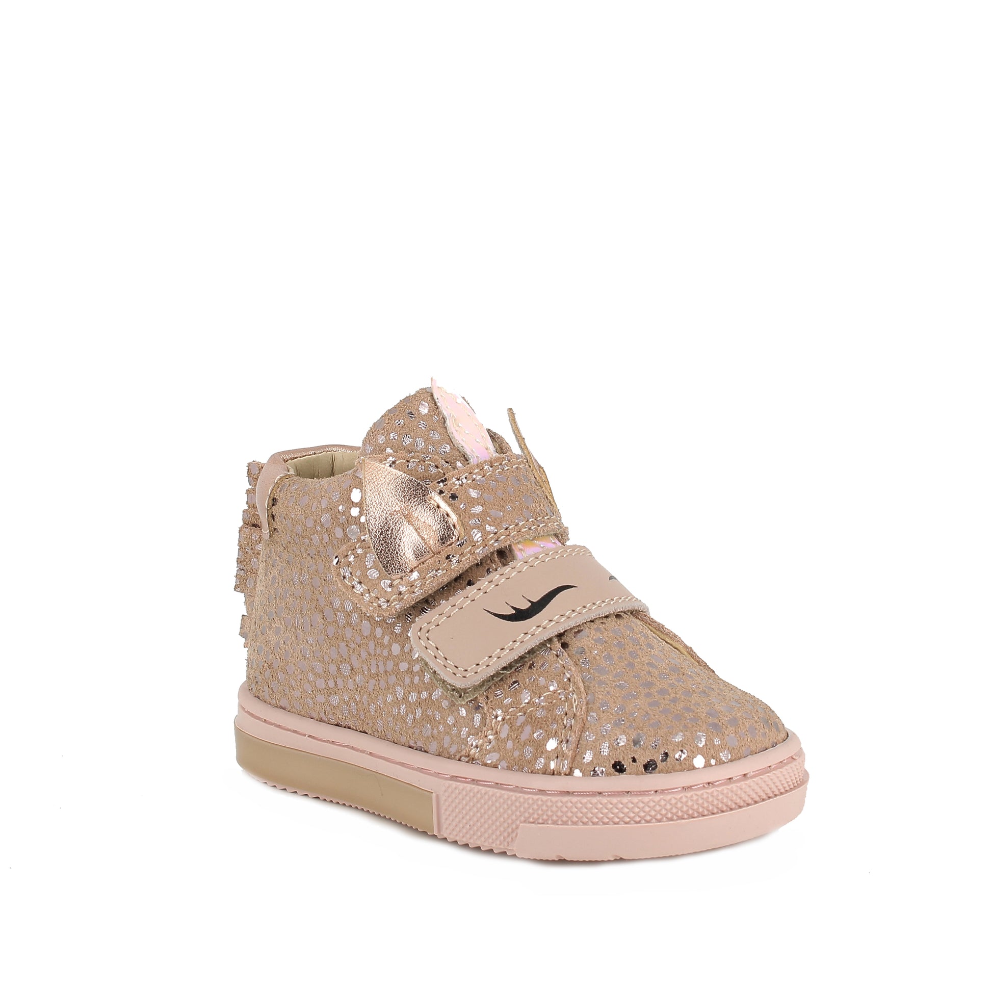 A girls casual boot by Primigi, style 4904833 Baby Glitter, with unicorn detail in dusky pink and metallic leather. Angled right view.