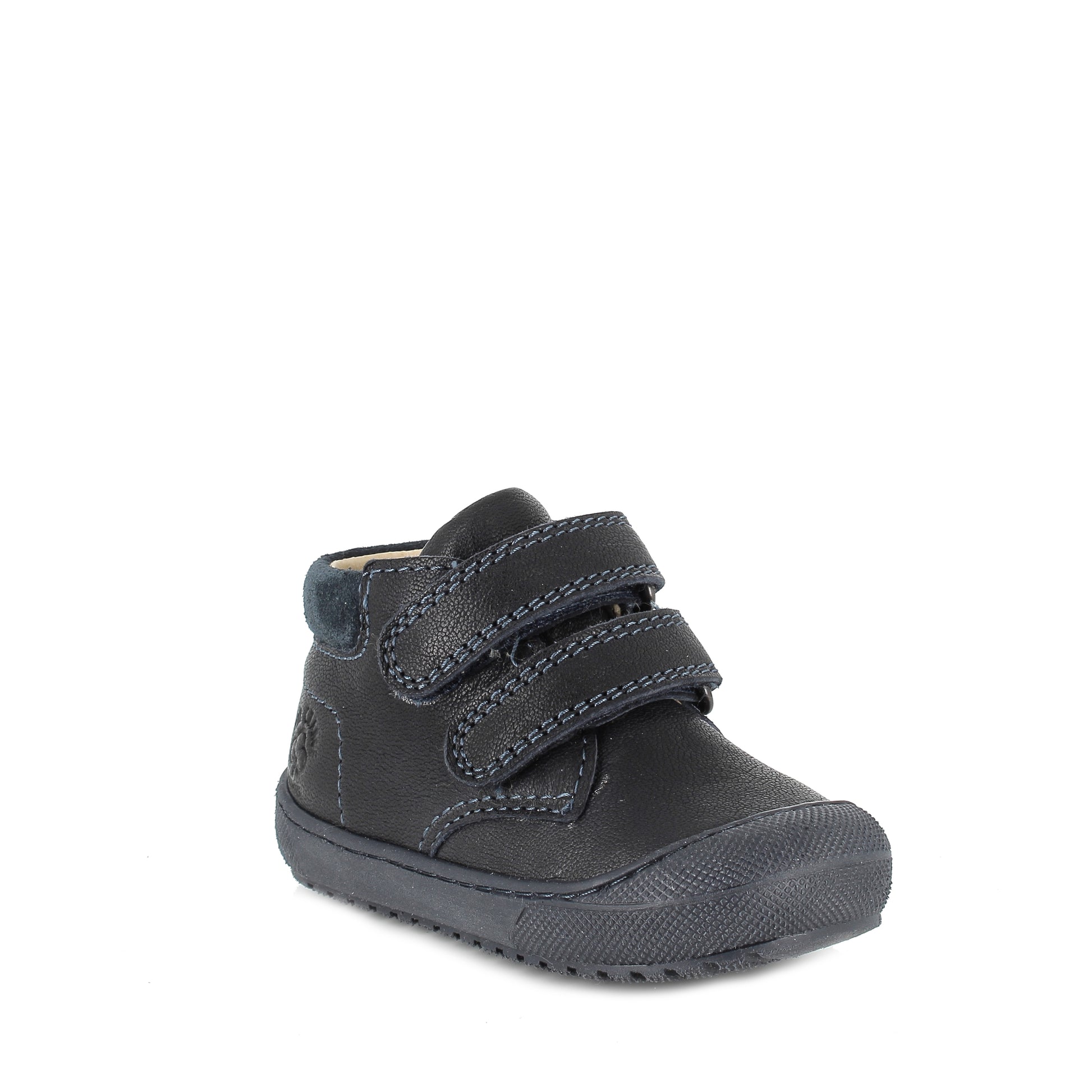 A boys ankle boot by Primigi, style 4907544 Baby Cricket, in navy leather with double velcro fastening. Angled right view.