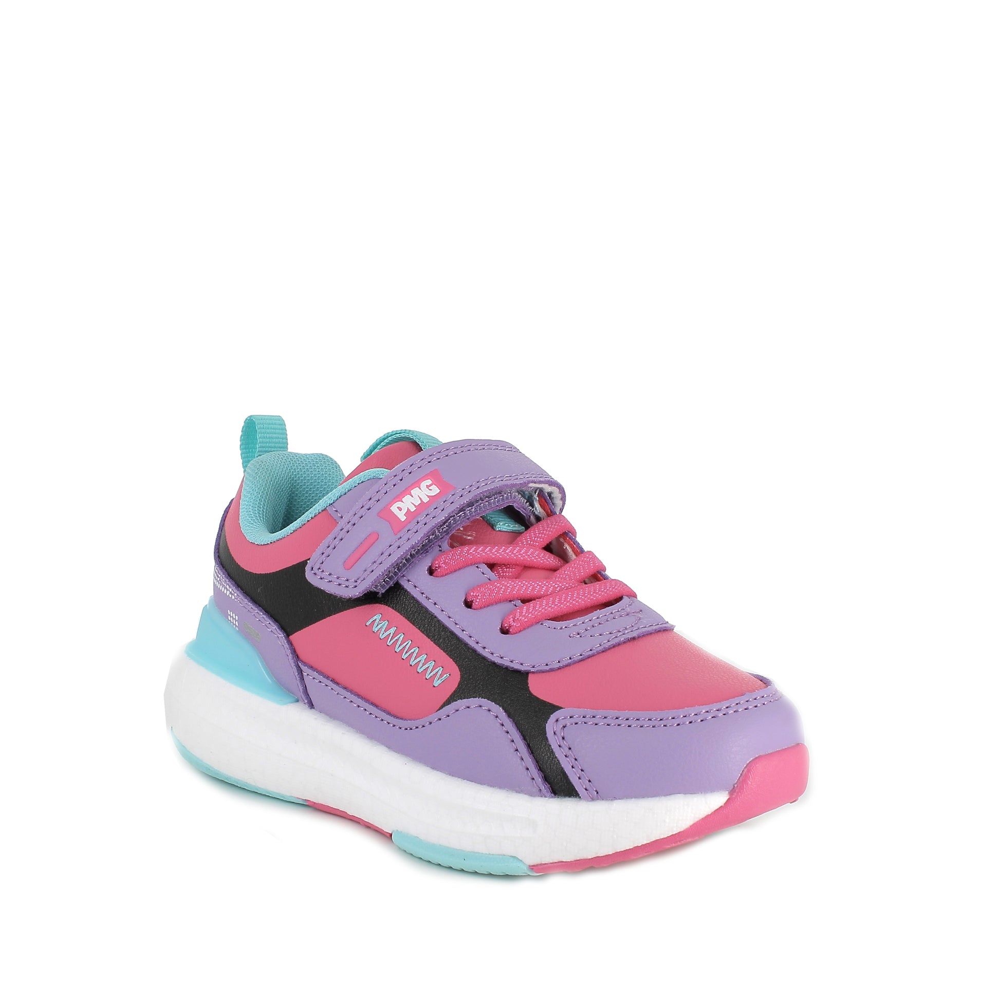 A girls casual trainer by Primigi, style 4962500 B&G Rapid, in purple and pink multi synthetic with faux lace and velcro fastening. Right side angled view.