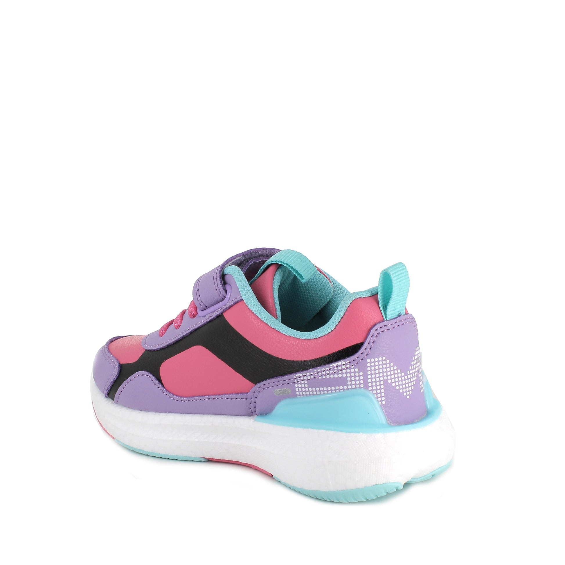 A girls casual trainer by Primigi, style 4962500 B&G Rapid, in purple and pink multi with faux lace and velcro fastening. Angled inner side view.