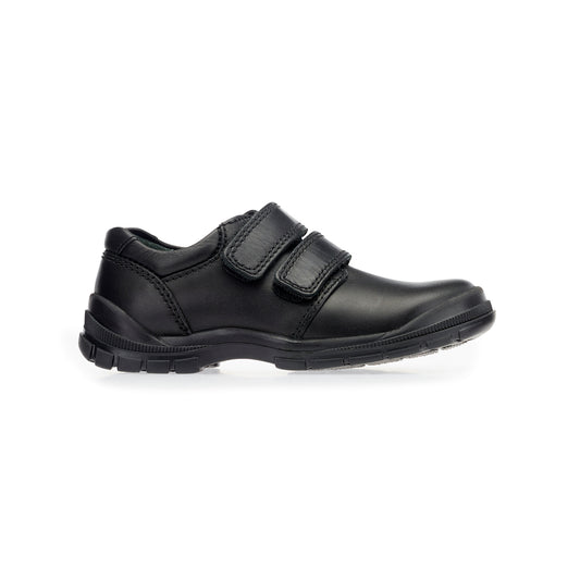 A boys school shoe by Start-Rite, style Engineer, in black leather with double velcro fastening. Right side view.